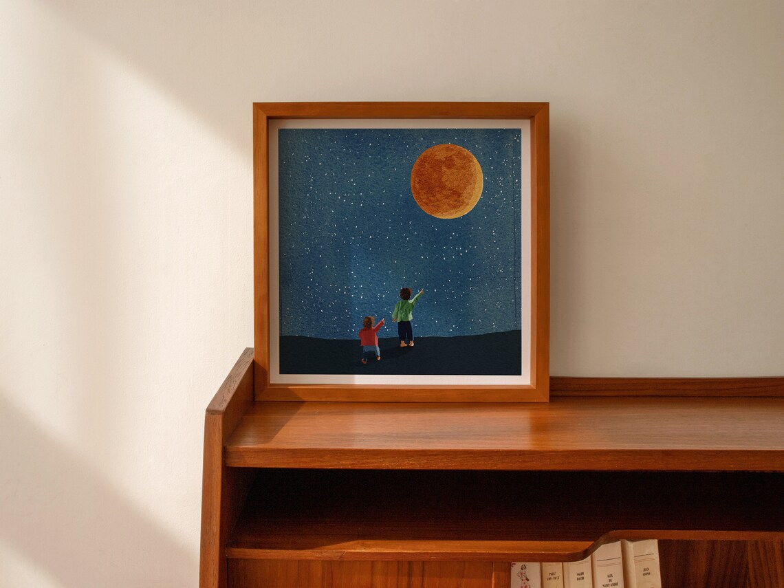Big Red Moon and Stars Night Sky Children Illustration Poster - Image 3