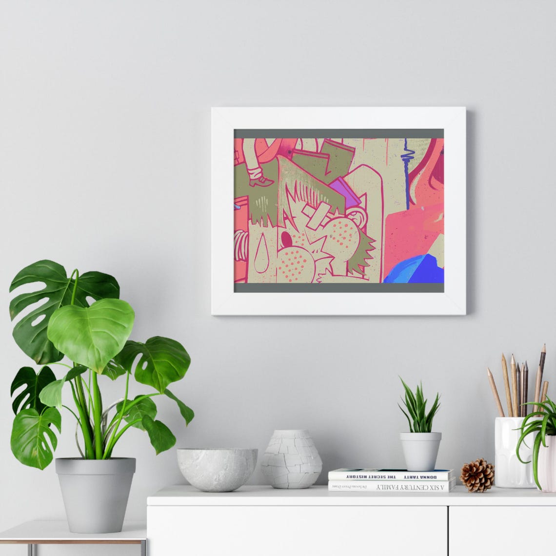 Pink and Green Abstract Doodle Street Graffiti Art Framed Poster - Image 2