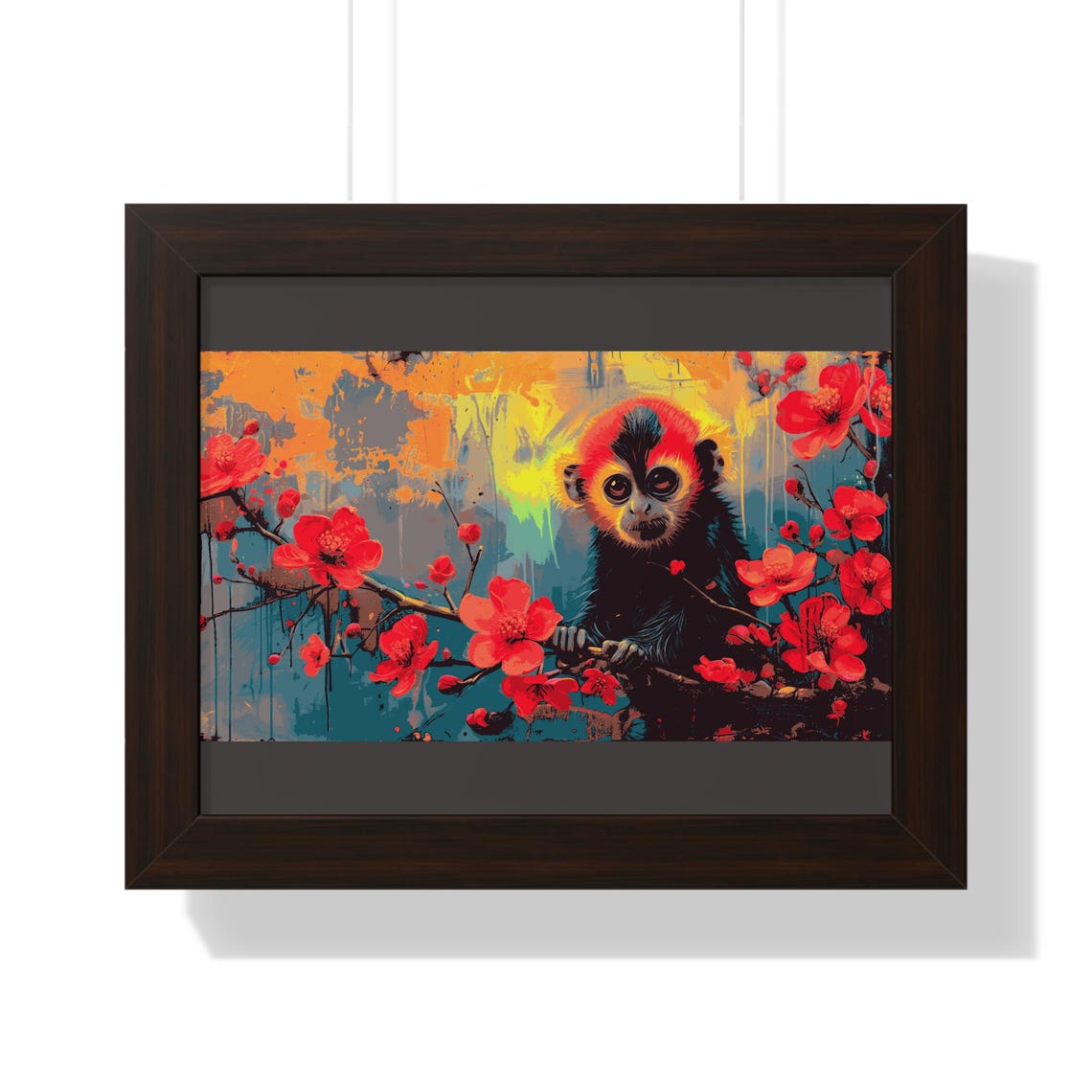 Colorful Monkey with Red Fur Among Cherry Blossoms Grunge Art Poster - Image 2