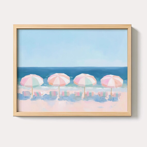Pastel Beach Umbrellas Pink Coastal Summer Vacation Decor Art Poster