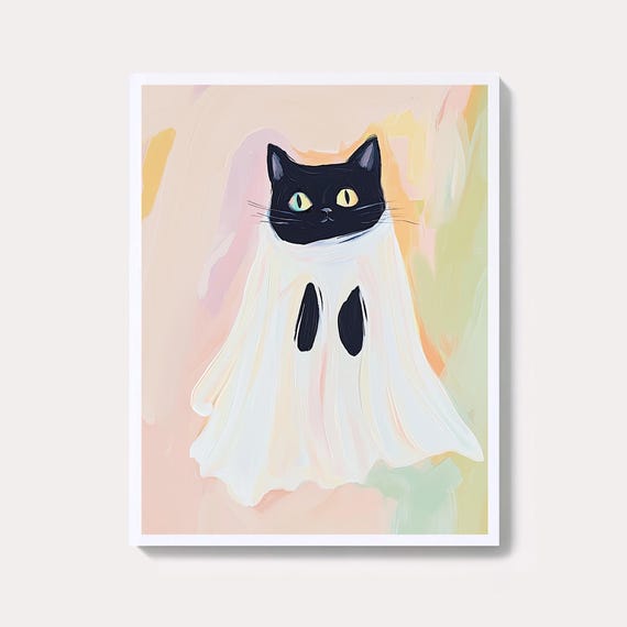 Halloween Cat Art Print Spooky Pastel Wall Decor