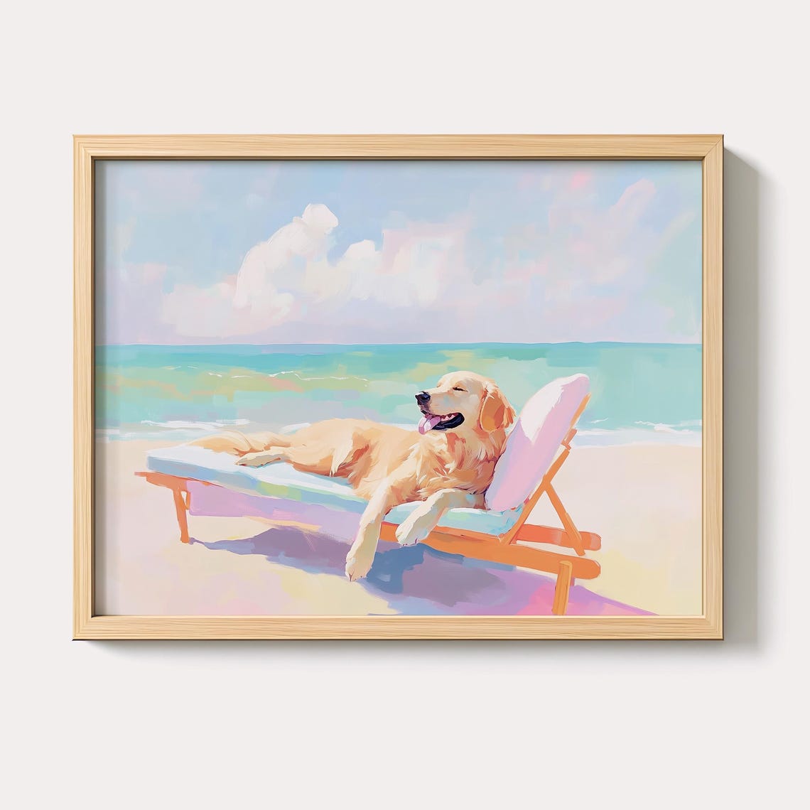 Golden Retriever Lounging on Beach Chair Pastel Ocean Art Poster