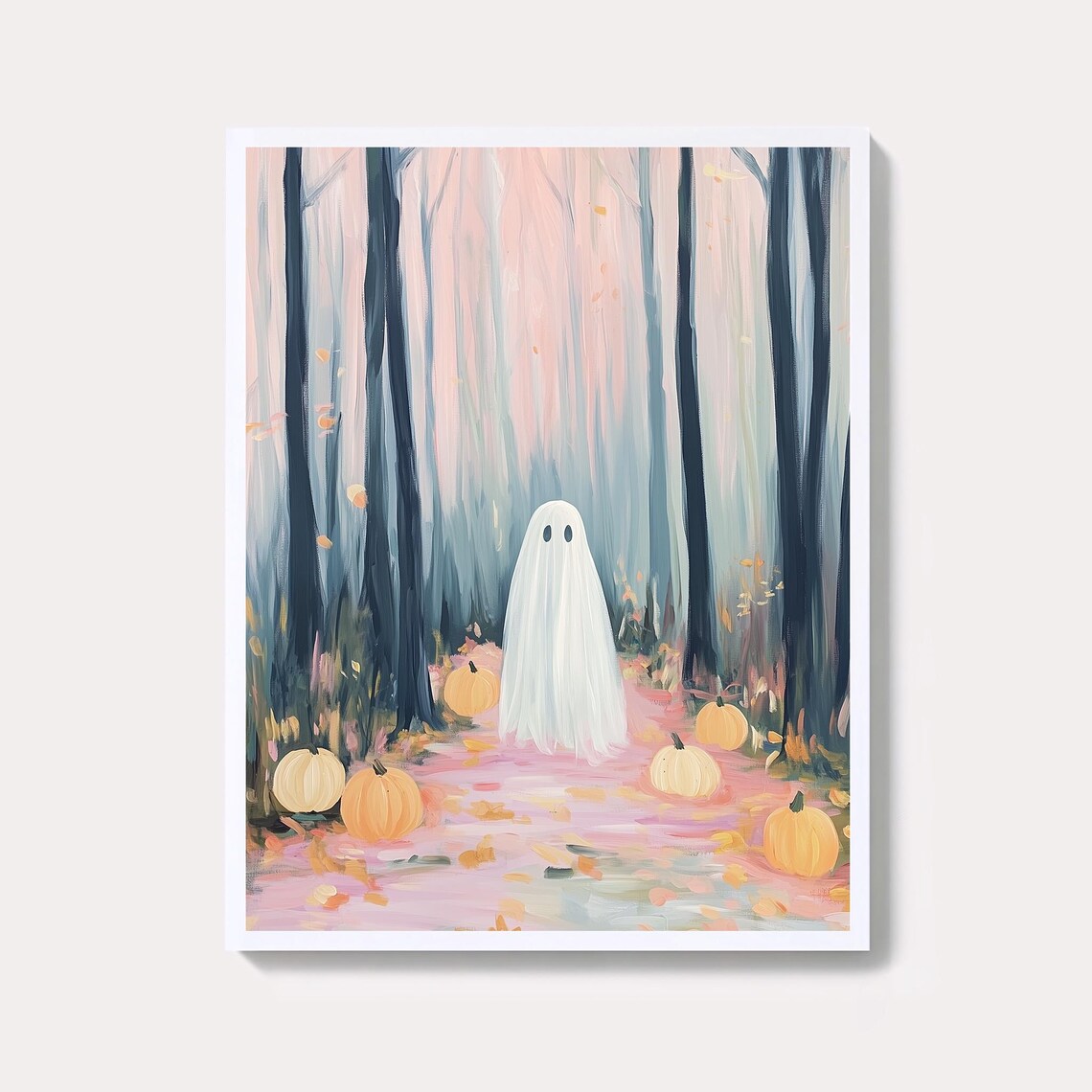Adorable Cute Ghost In Pastel Autumn Forest With Pumpkins Poster