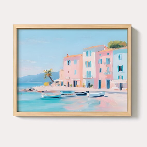 Pastel Mediterranean Seaside Town Pink Buildings Blue Boats Wall Art