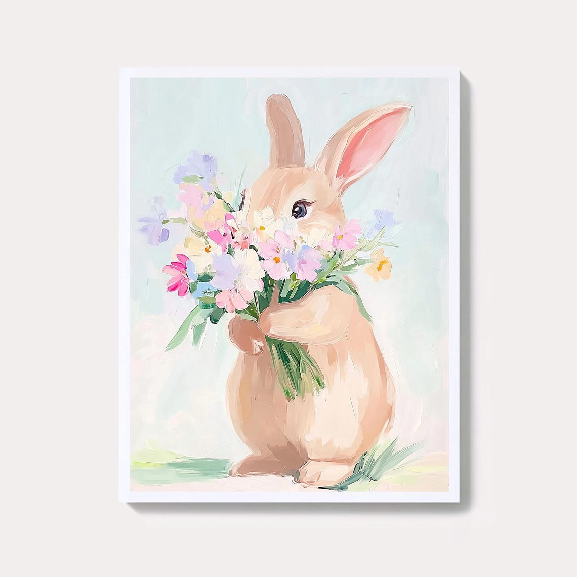 Pastel Bunny Holding Wildflower Bouquet Spring Easter Art Poster