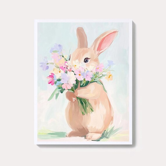 Pastel Bunny Holding Wildflower Bouquet Spring Easter Art Poster