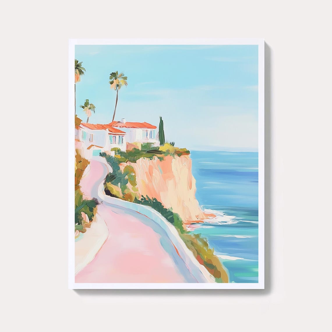 La Jolla Sunset Pastel Coastal Cliffs Palm Watercolor Wall Art