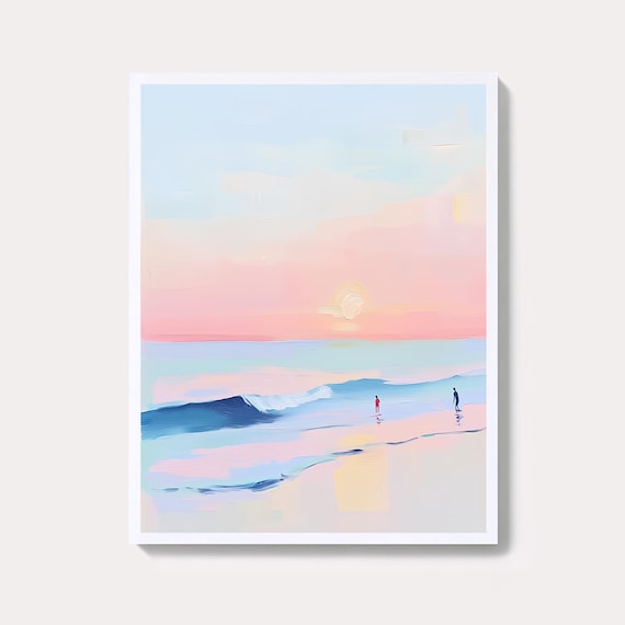 Pink Sunset Ocean Surfers Pastel Beach Summer Art Scene Poster
