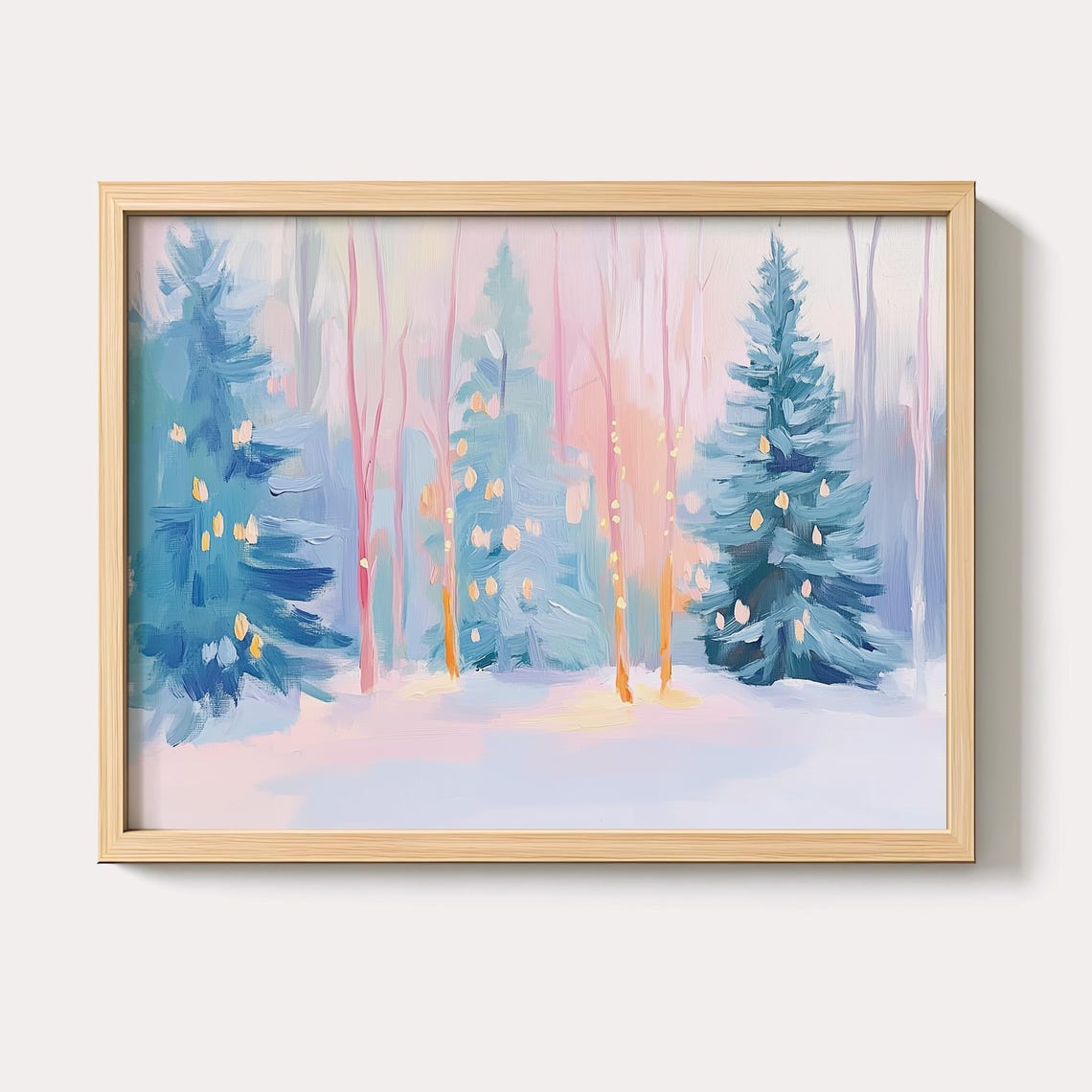 Pastel Snowy Pine Forest With Golden Lights Christmas Scene Poster