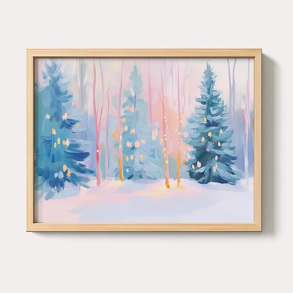 Pastel Snowy Pine Forest With Golden Lights Christmas Scene Poster