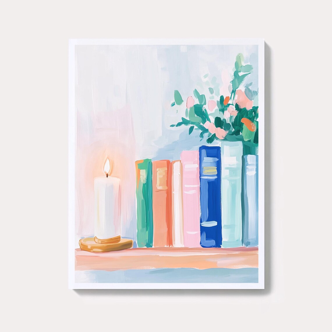 Cozy Library Bookshelf with Candle and Plants Pastel Book Lover Poster