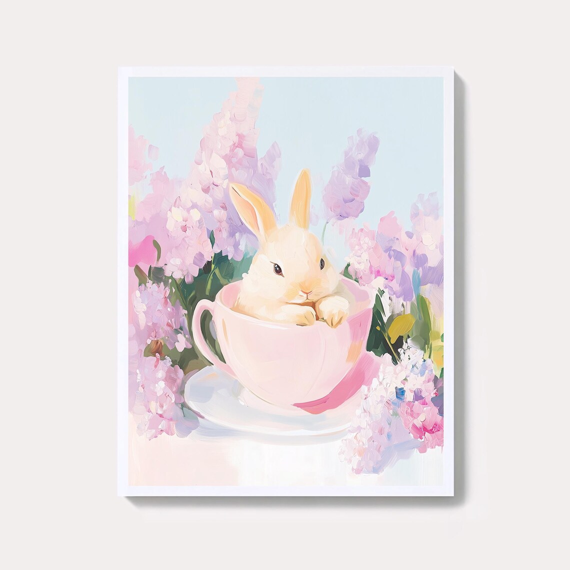 Bunny In Teacup Watercolor Print Spring Flower Wall Art