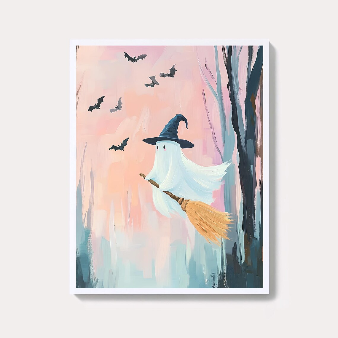 Pastel Ghost Witch Flying on Broomstick Bats Halloween Painting Poster