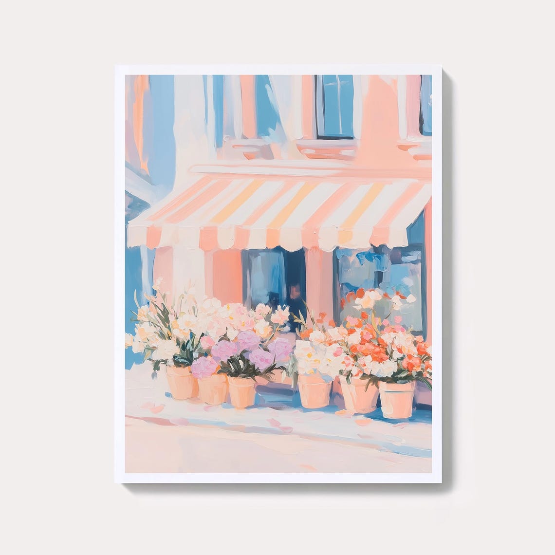 Charming Pastel Flower Shop Storefront With Striped Awning Poster