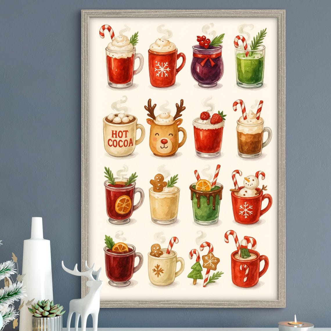 Christmas Hot Cocoa Mugs Watercolor Poster, Cozy Winter Kitchen Art