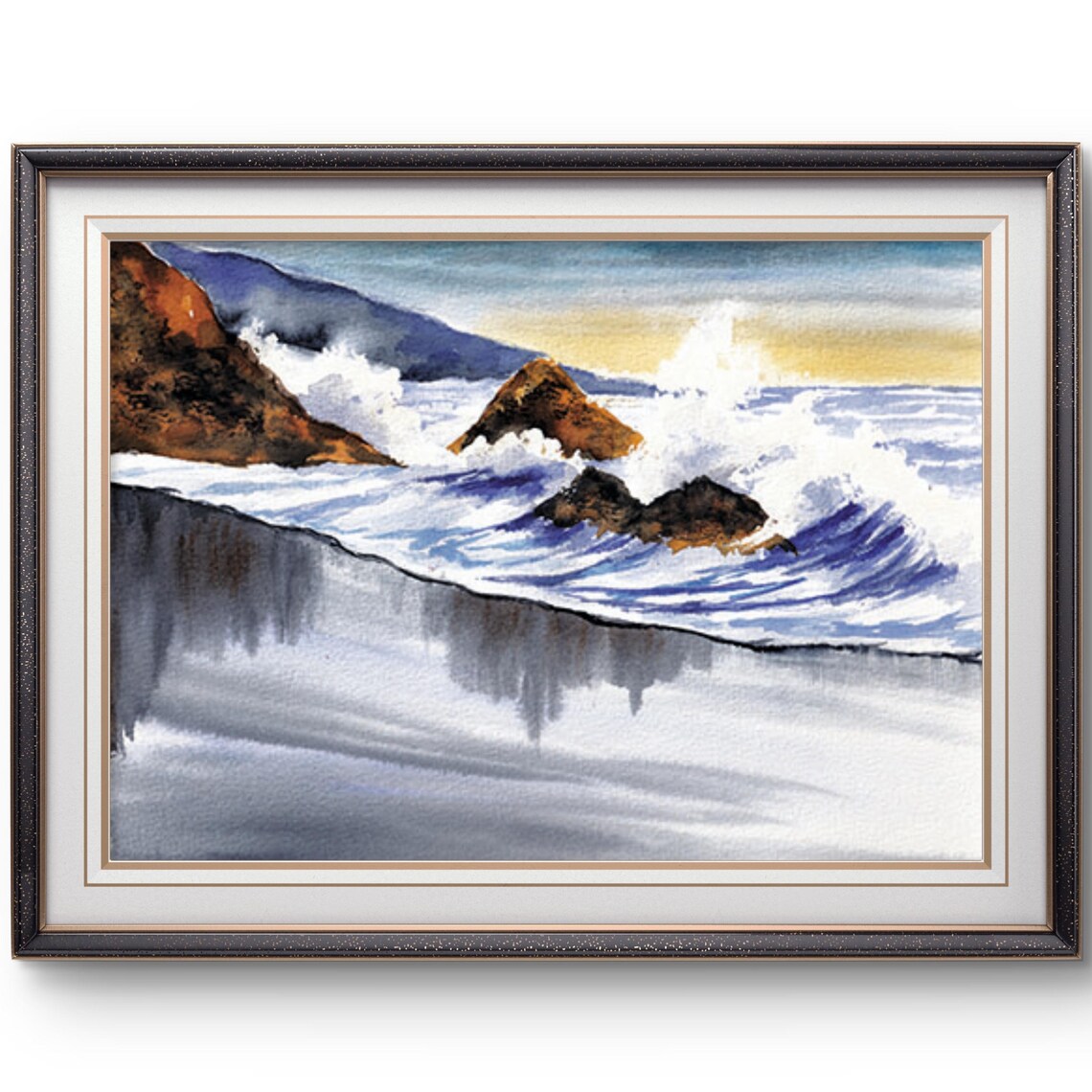 Crashing Ocean Waves Wild Rocky Shore Mountain Watercolor Print