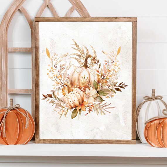 White Pumpkins Autumn Botanical Watercolor Fall Harvest Wall Art