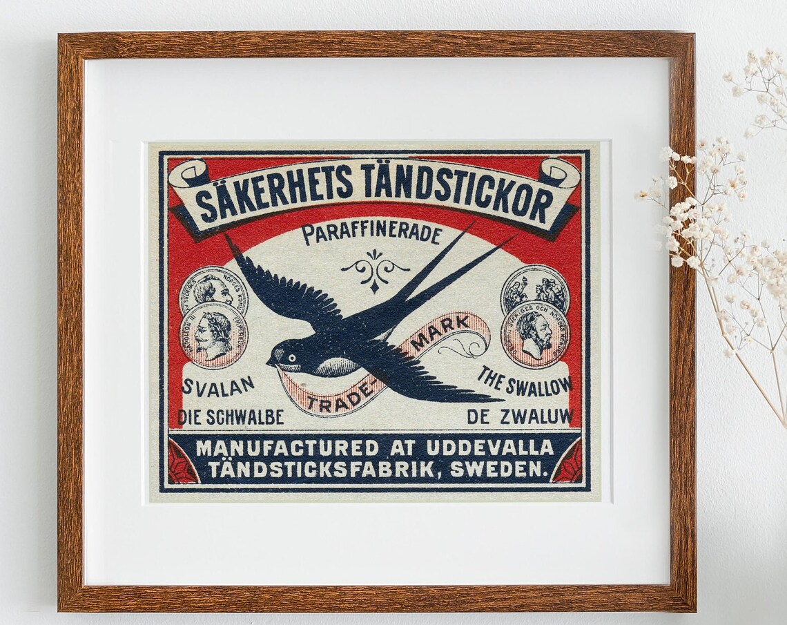 Svalan The Swallow Vintage Swedish Matchbox Label Red Wall Art