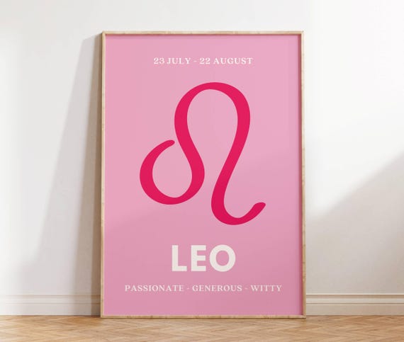 Preppy Leo Print Pink And White Star Sign Poster Leo Wall Art Dorm Room Decor Zodiac Art Leo Girl Birthday Gift