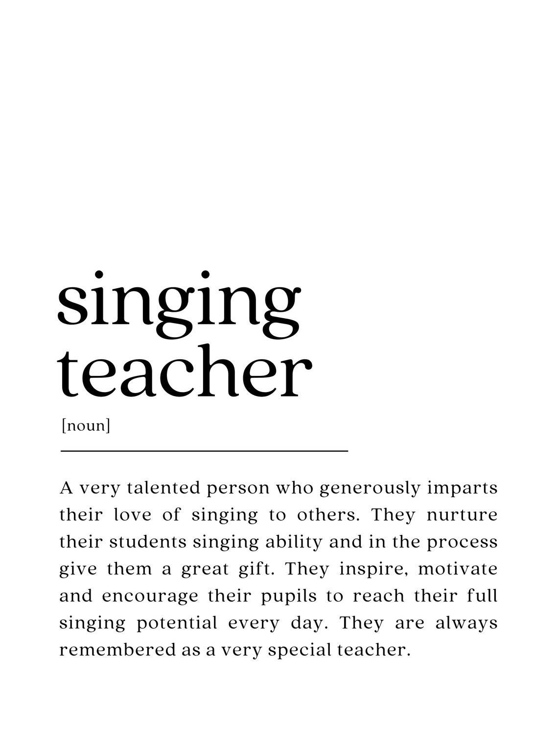 Singing Teacher Dictionary Definition Gift Poster in Black & White - Image 2