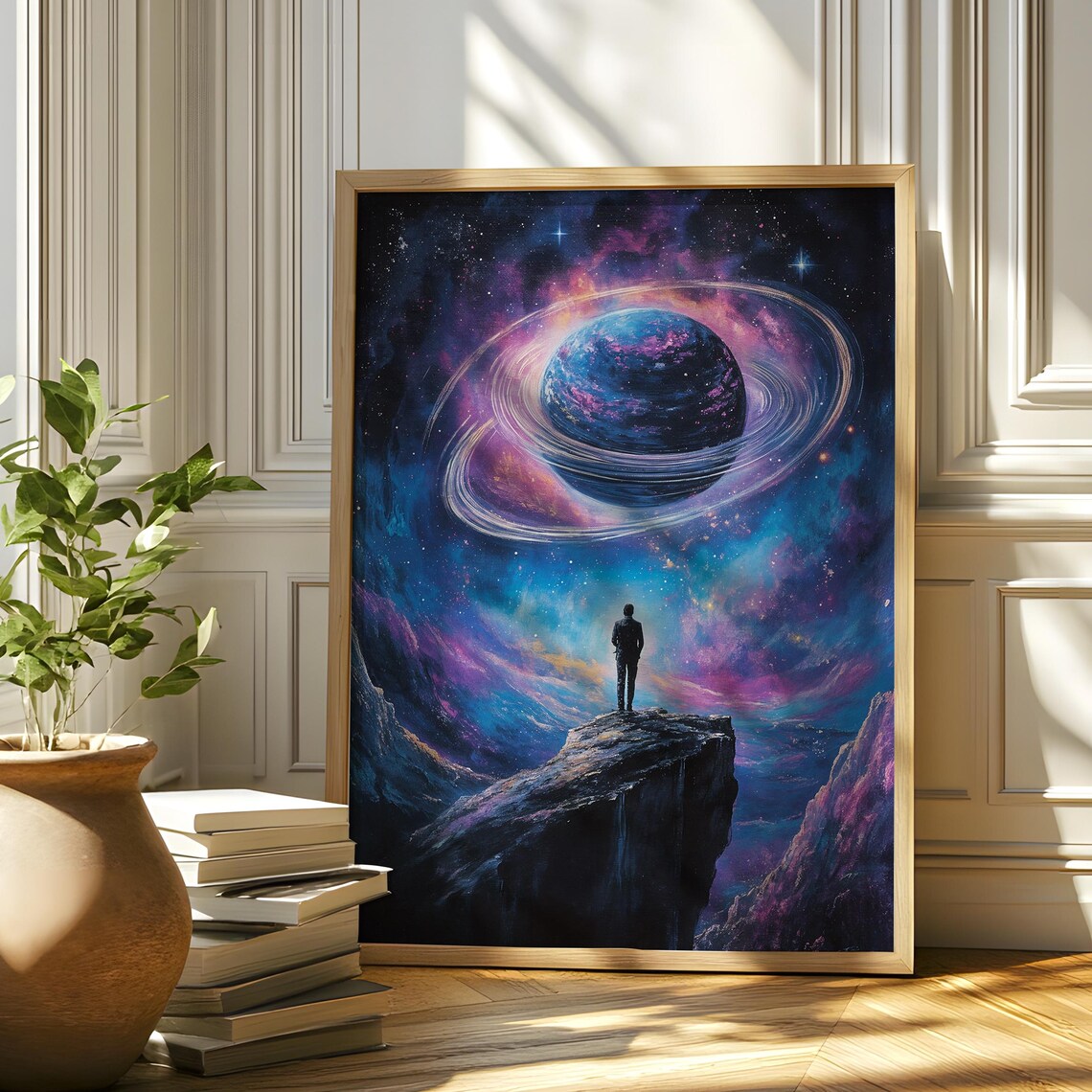 Lone Figure Ringed Planet Nebula Cosmic Wanderer Space Poster