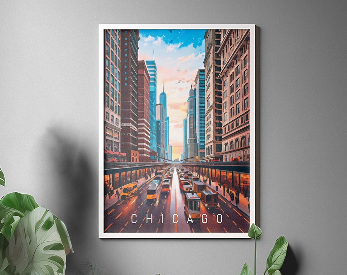 Chicago Downtown Street Skyline Sunset Travel Poster Home Decor