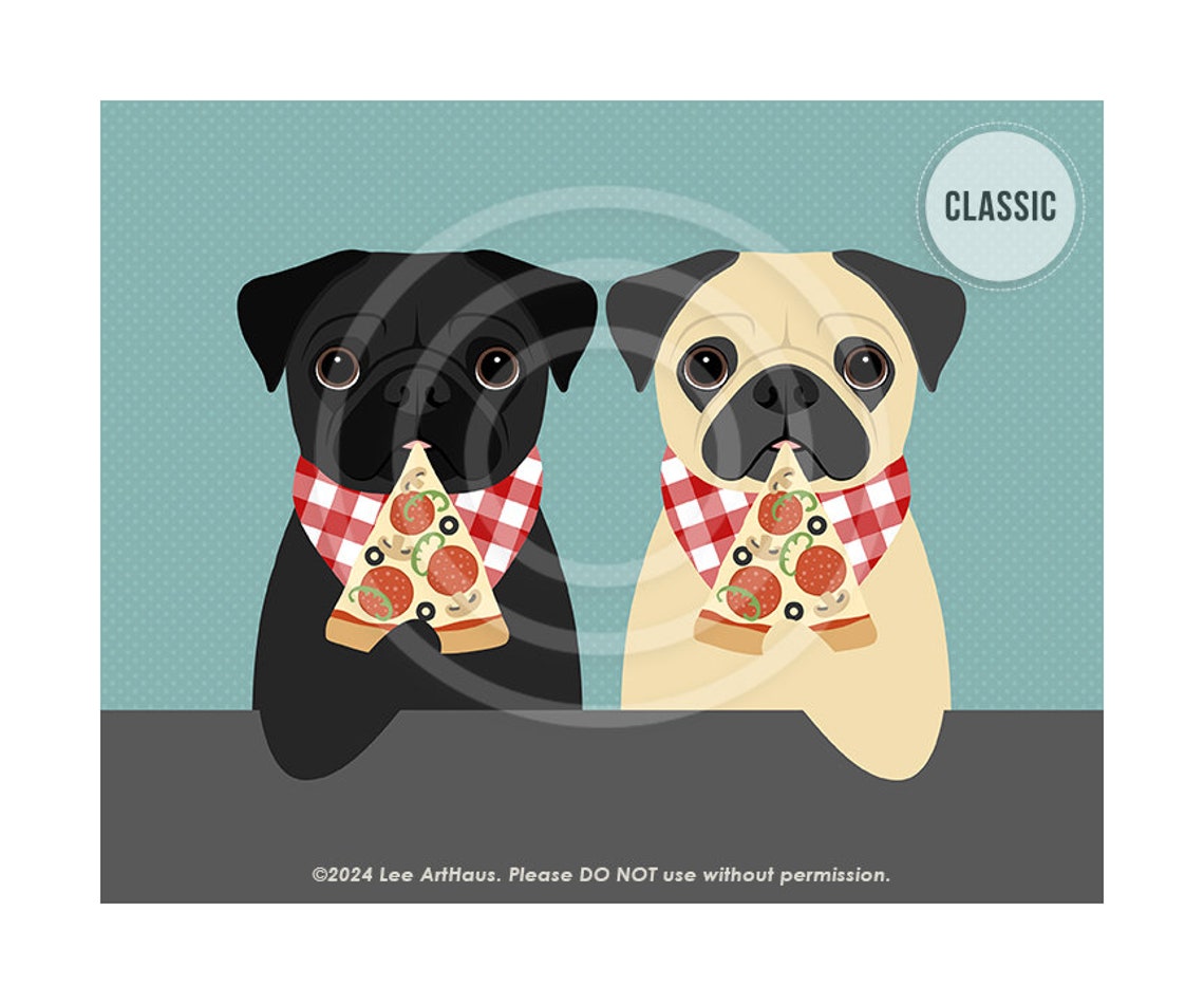 Two Pugs Eating Pizza With Checkered Bibs Cute Funny Dog Art Poster - Image 9