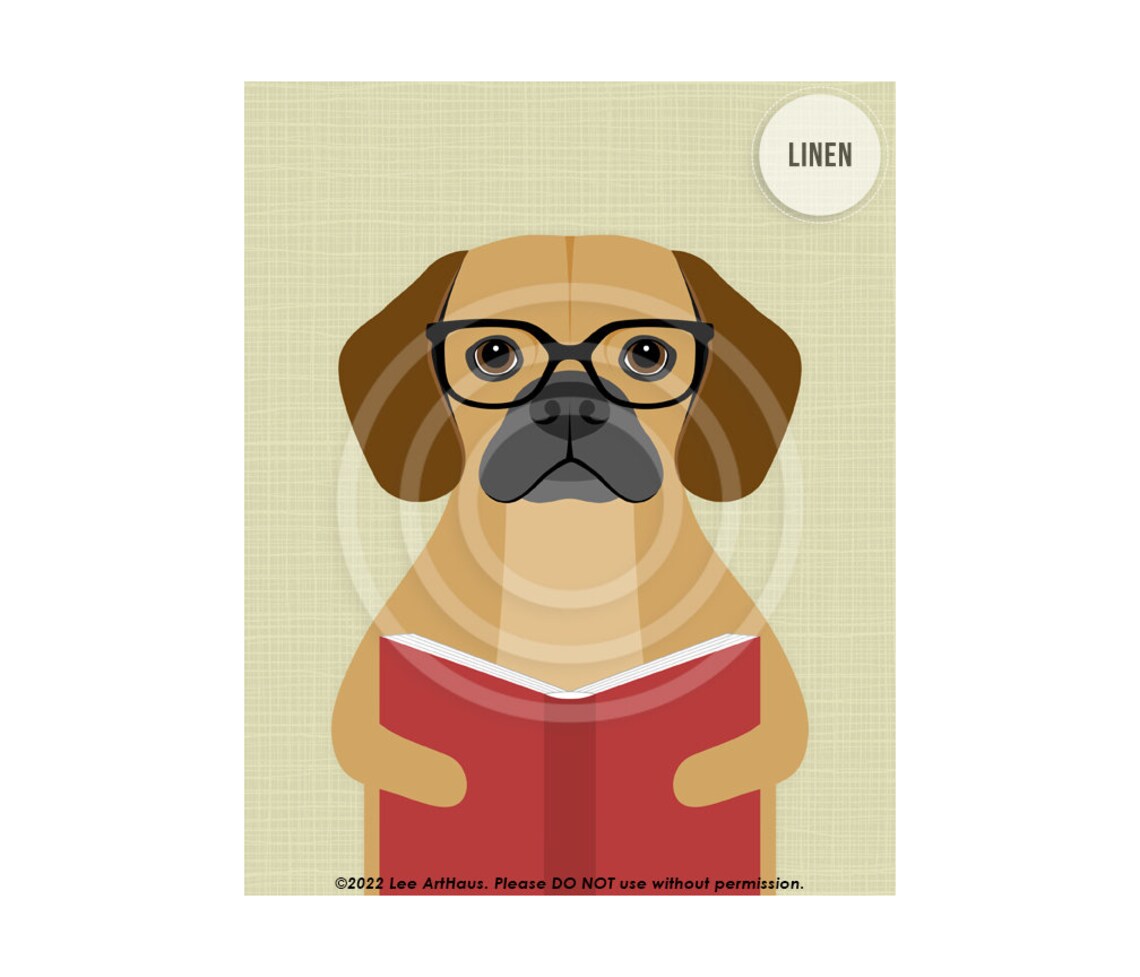 Puggle Wearing Glasses Reading a Red Book Funny Puppy Poster