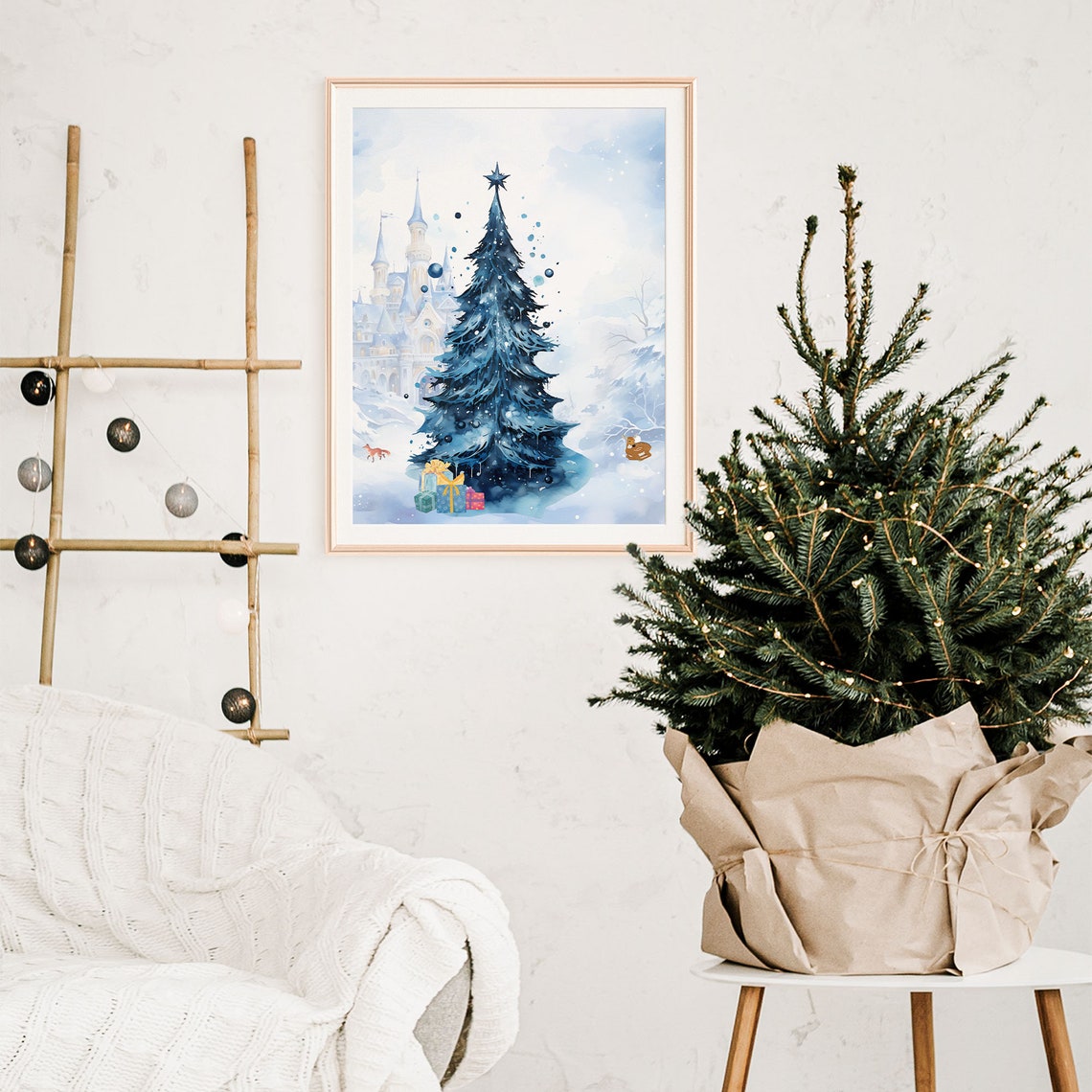 Blue Watercolor Christmas Tree Fairy Tale Castle Snowy Poster - Image 3
