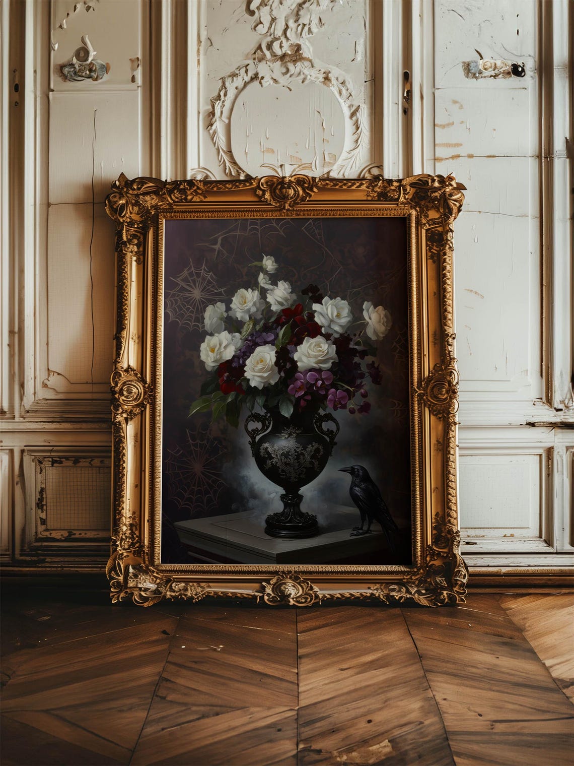 White Floral Art Print Antique Moody Rose Oil Painting Dark Floral Still Life Vintage White Roses Moody Wall Art Art - Image 6