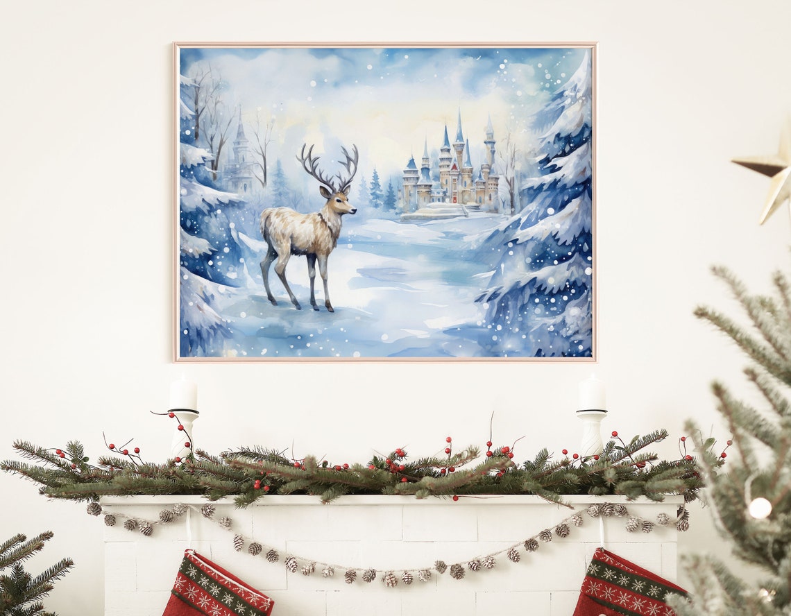 Winter Deer Castle Snowy Blue Christmas Watercolor Art Print - Image 6