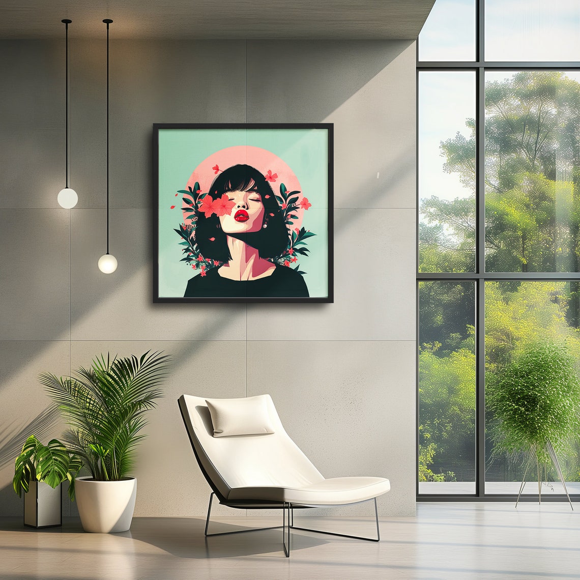 Neo Pop Woman with Flowers on Face Vintage Style Portrait Wall Art - Image 8