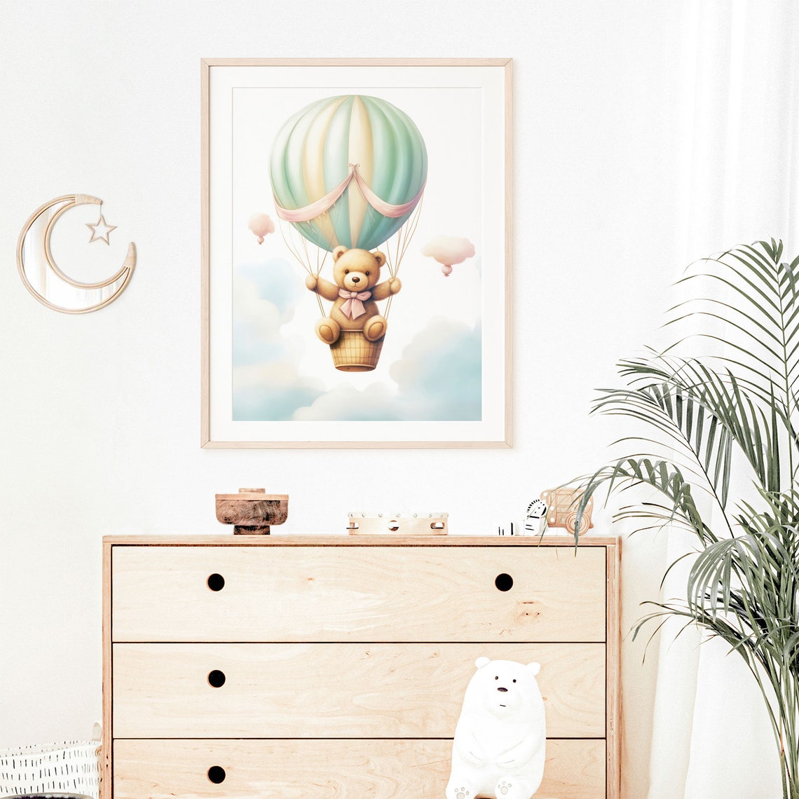 Teddy Bear Hot Air Balloon Pastel Mint Clouds Nursery Poster - Image 4