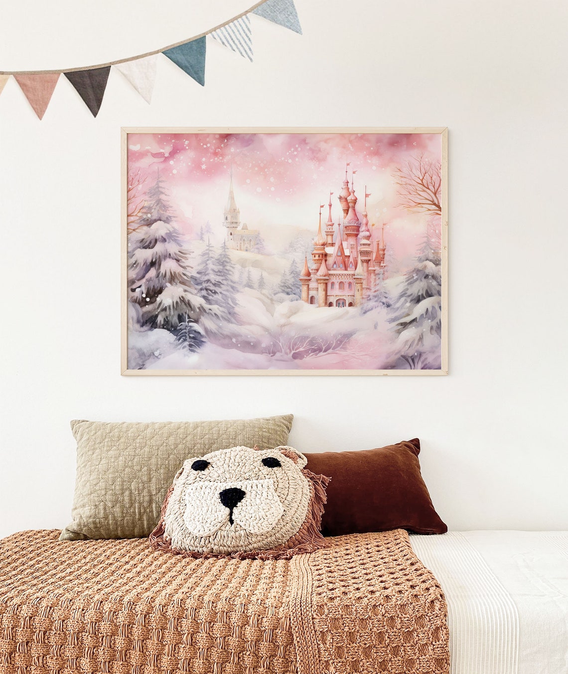 Pink Watercolor Castle Snowy Winter Forest Christmas Art Poster - Image 6