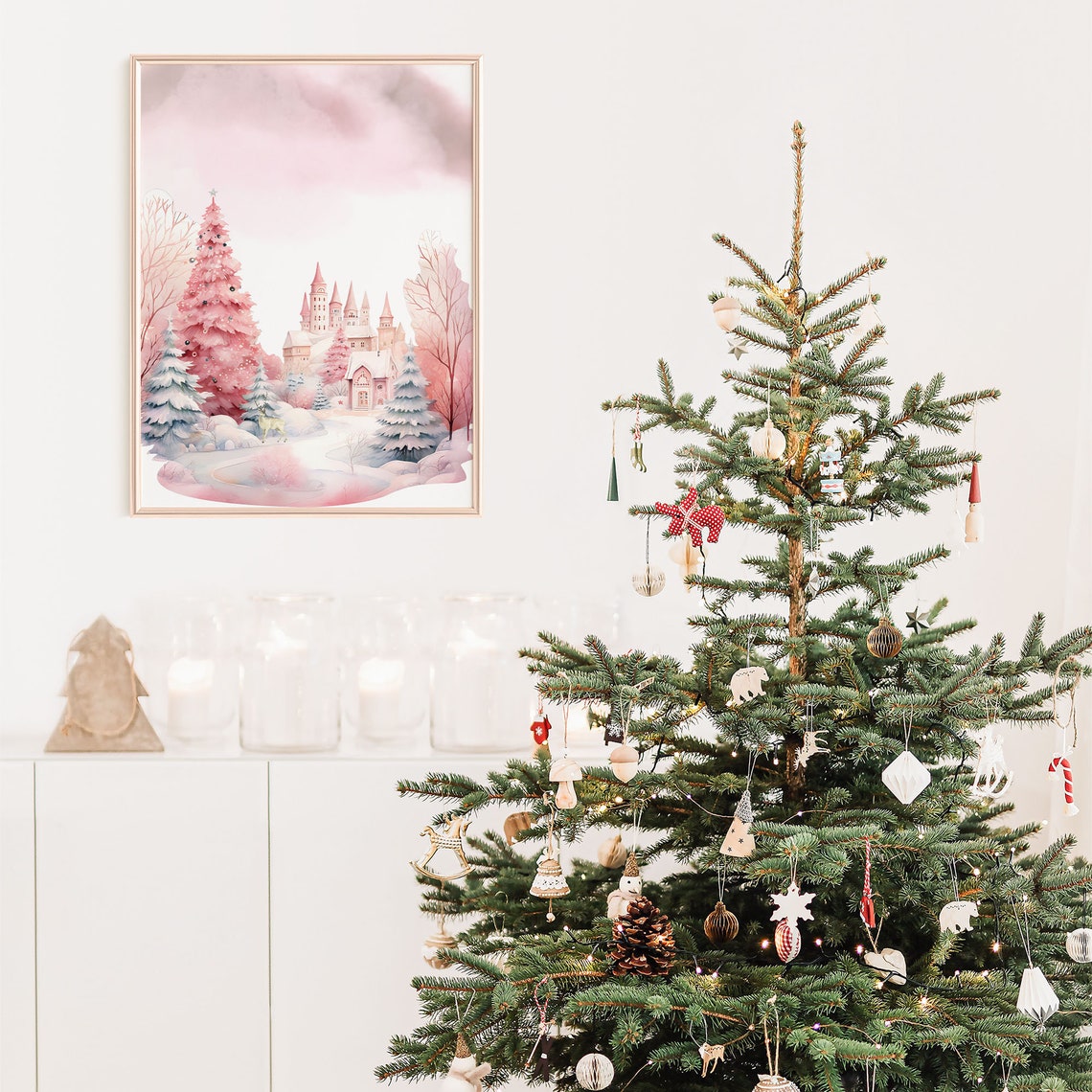 Pink Christmas Winter Wonderland Castle Pink Tree Watercolor Poster - Image 3