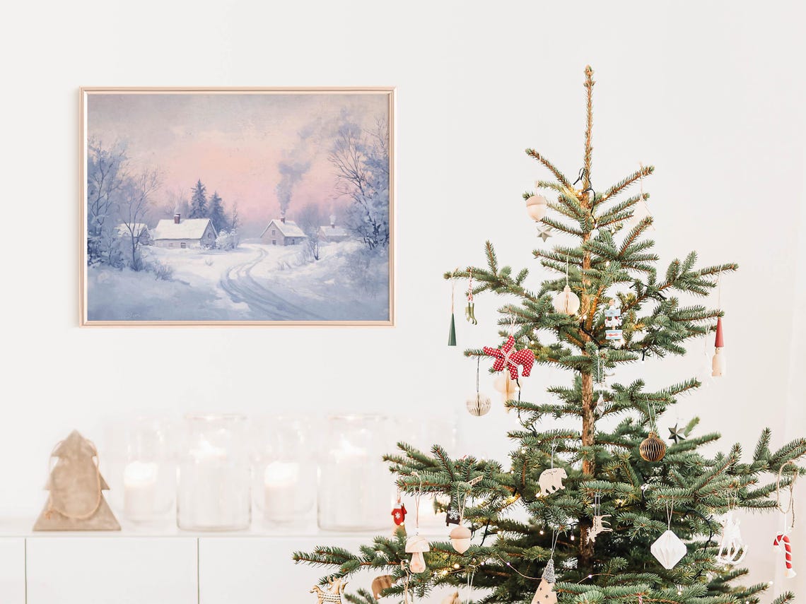 Pastel Winter Village Snowy Cottages Pink Sky Christmas Print - Image 4
