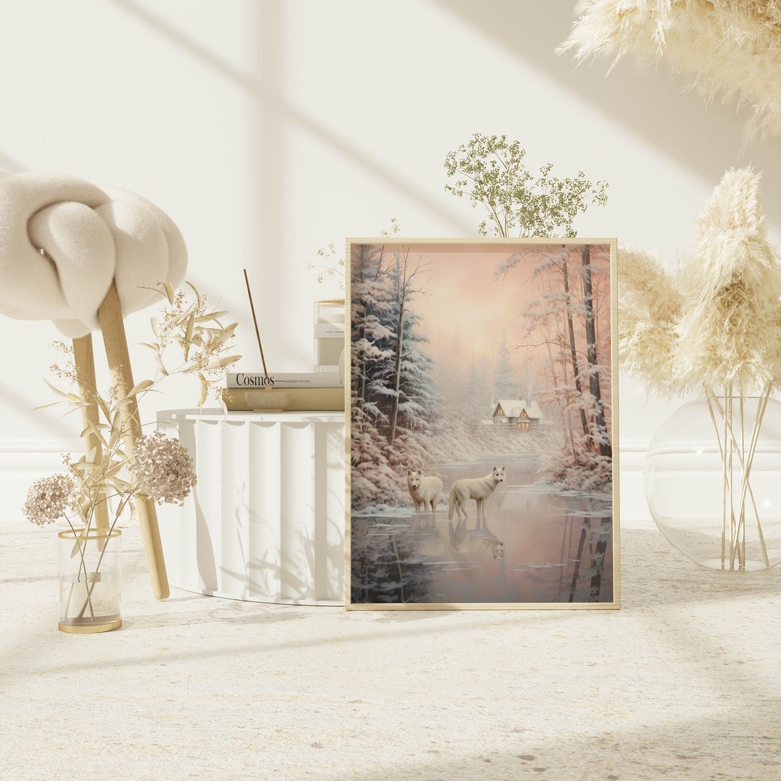Two White Wolves at a Frozen Lake with Snowy Cabin Winter Print - Image 2