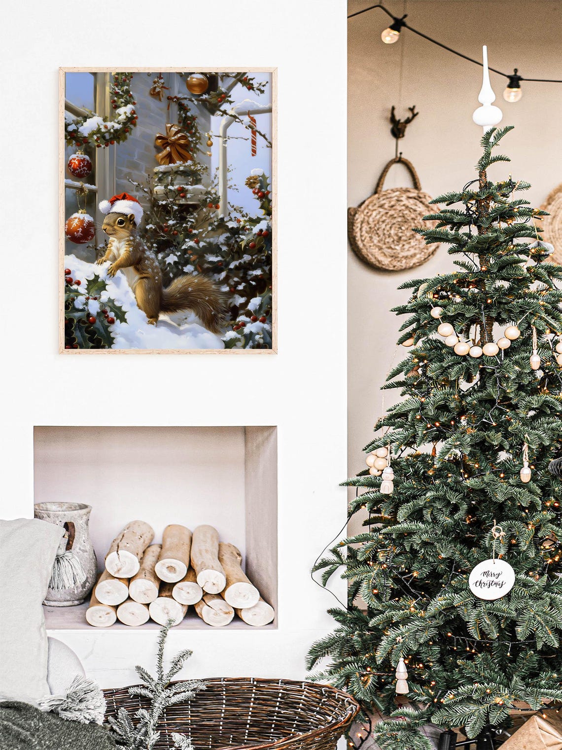 Squirrel Wearing Santa Hat Snowy Christmas Ornaments Vintage Poster - Image 2