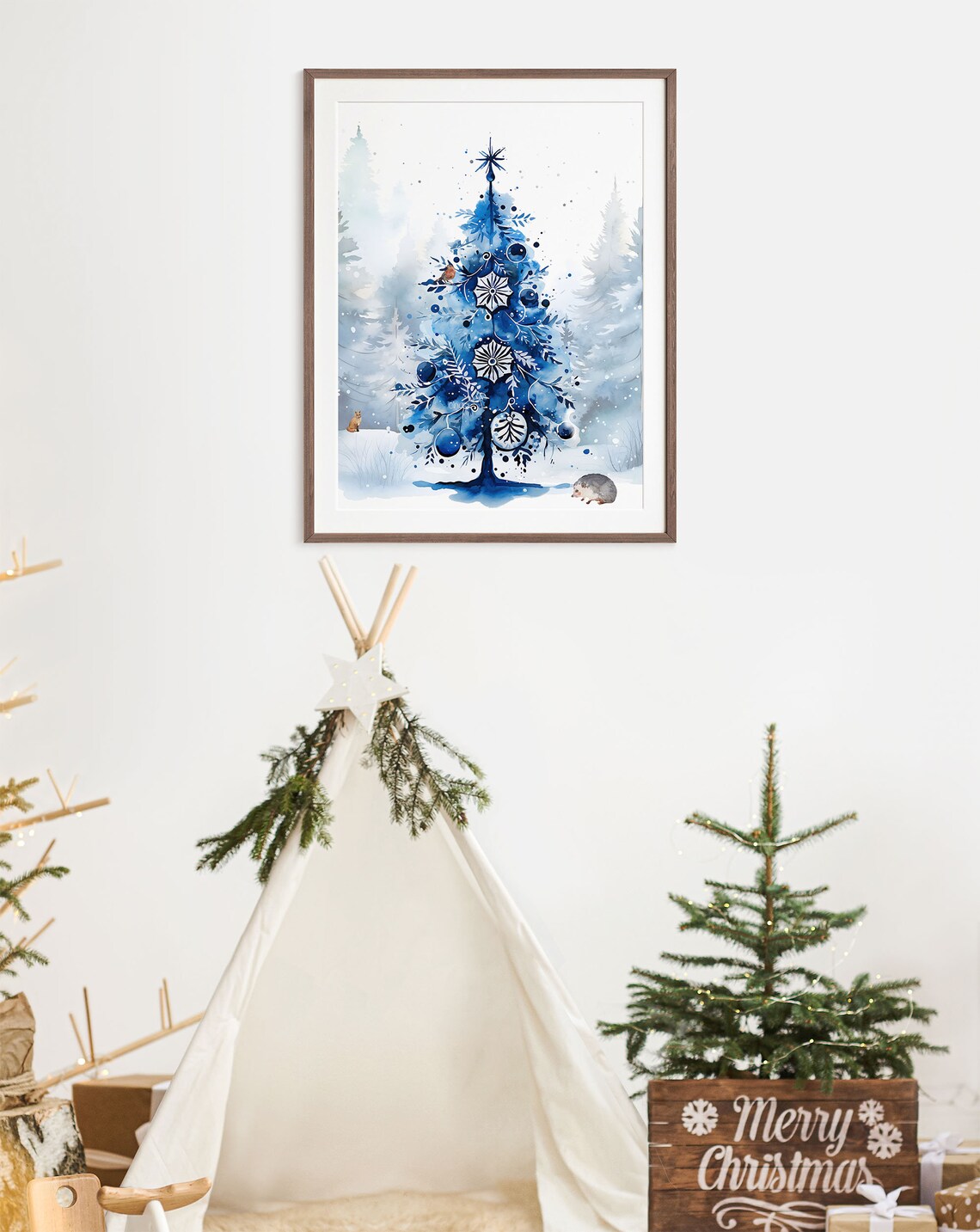 Blue Christmas Tree Ornaments Snowy Watercolor Holiday Art Print - Image 8