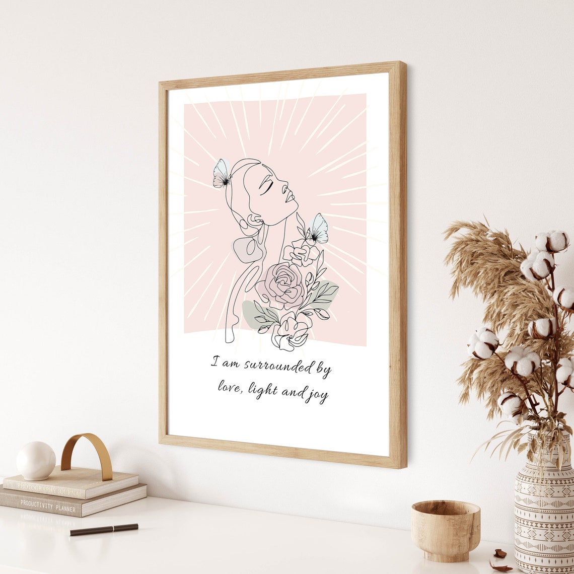 Love Light and Joy Affirmation Boho Line Art Woman Wall Poster - Image 2