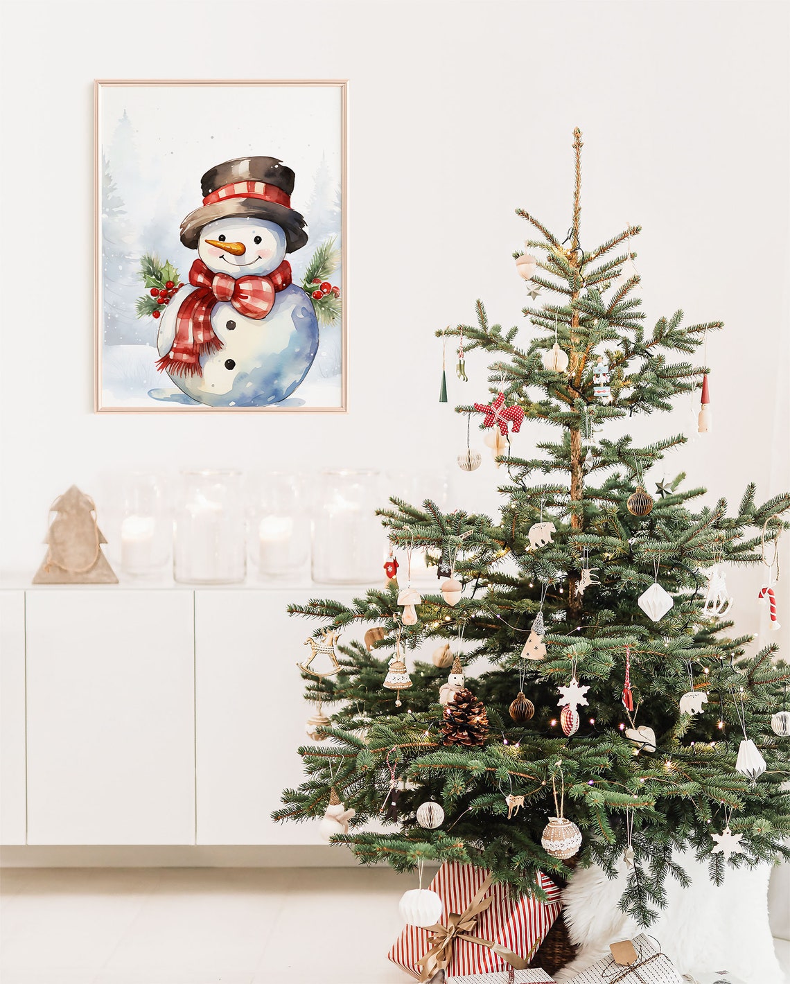 Cute Watercolor Snowman Top Hat Plaid Scarf Winter Art Poster - Image 5