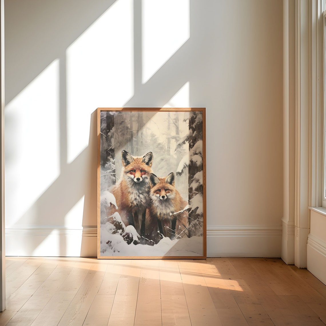 Red Fox Pair Standing in Snowy Winter Forest Wildlife Art Print - Image 5