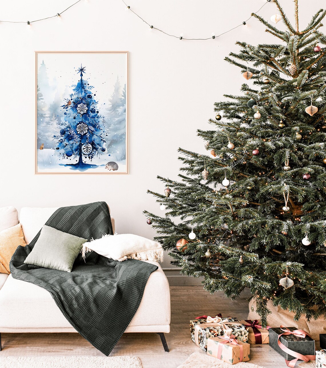Blue Christmas Tree Ornaments Snowy Watercolor Holiday Art Print - Image 3