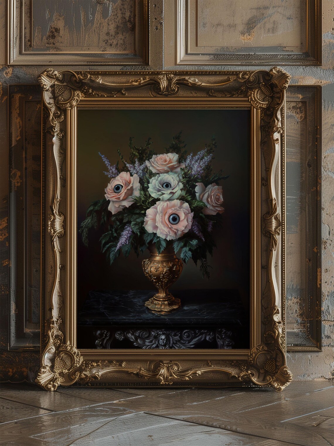 Surreal Eyeball Roses Bouquet Gold Vase Gothic Halloween Poster - Image 5