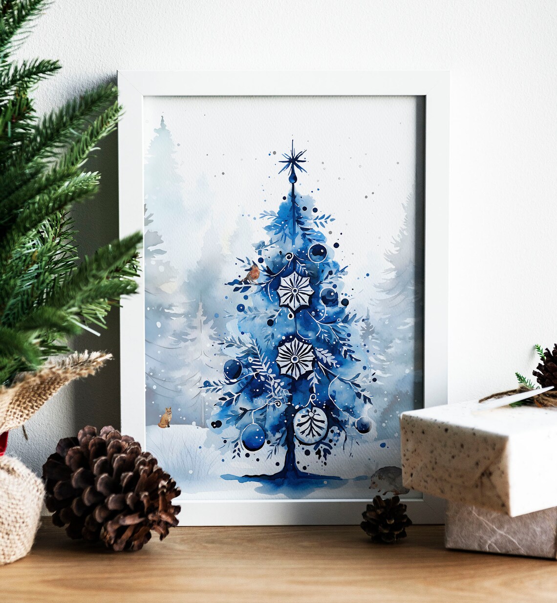 Blue Christmas Tree Ornaments Snowy Watercolor Holiday Art Print - Image 7