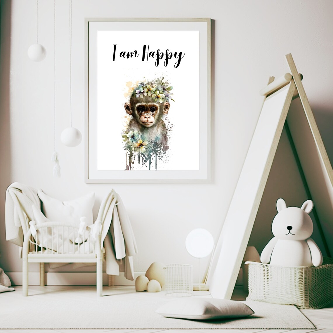 I Am Happy Monkey Watercolor Flower Crown Nursery Kids Poster - Image 6