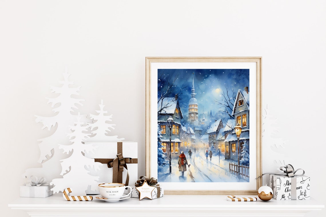 Blue Christmas Town Clock Tower Snowy Night Watercolor Art Print - Image 4