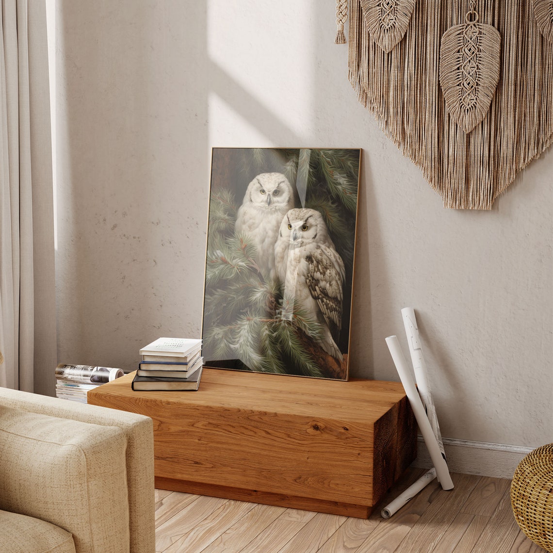 Two White Snowy Owls Perched in a Pine Tree Winter Bird Poster - Image 7
