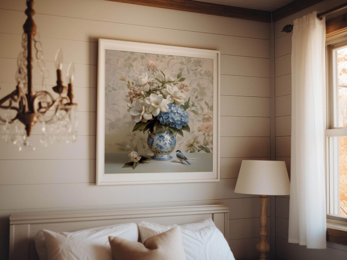 Chinoiserie Blue Vase with Hydrangea and Gardenias Art Print - Image 6