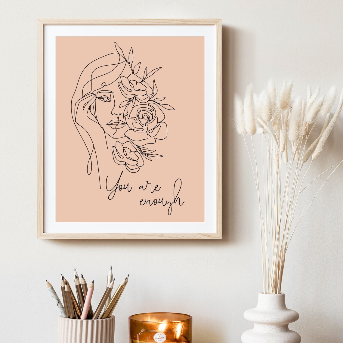 You Are Enough Line Art Woman Peach Floral Minimalist Poster - Image 6